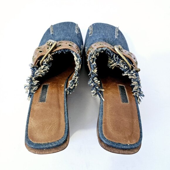 Schutz Y2K Wooden Denim Clog Heels Size 6M Wedge 90's Leather Buckle Fringe - Picture 4 of 7